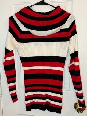 Say What? Women’s Red, Black, and White Rib-Knit Sweater w/ Oversized Turtleneck